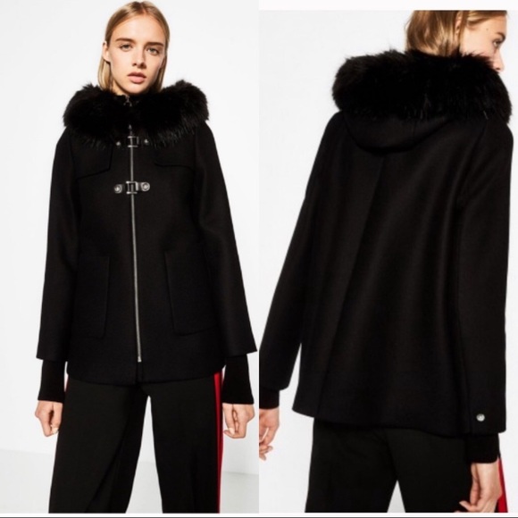 Zara black  faux fur trim hooded jacket - Picture 4 of 4